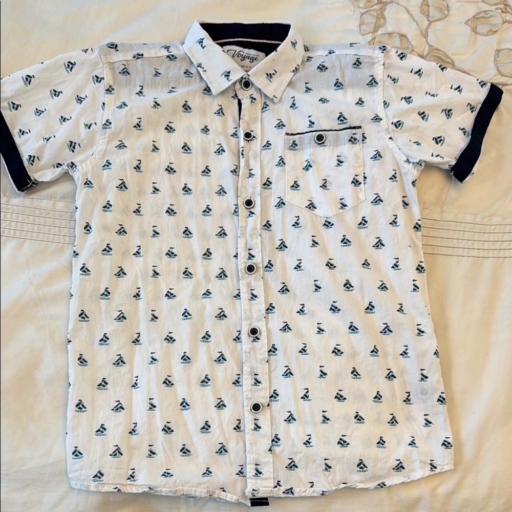 Boys preppy nautical White Shirt with Blue Sailboat Pattern